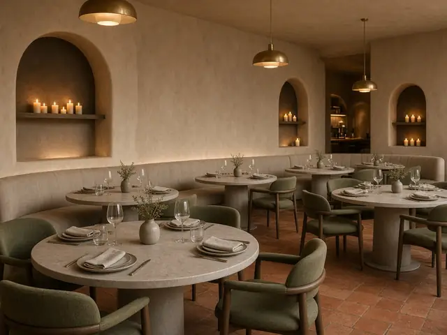 Comedor con mesas redondas de piedra y sillas verdes