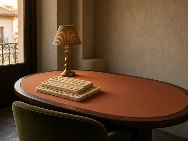 Detalle de mesa de juego con lámpara de latón